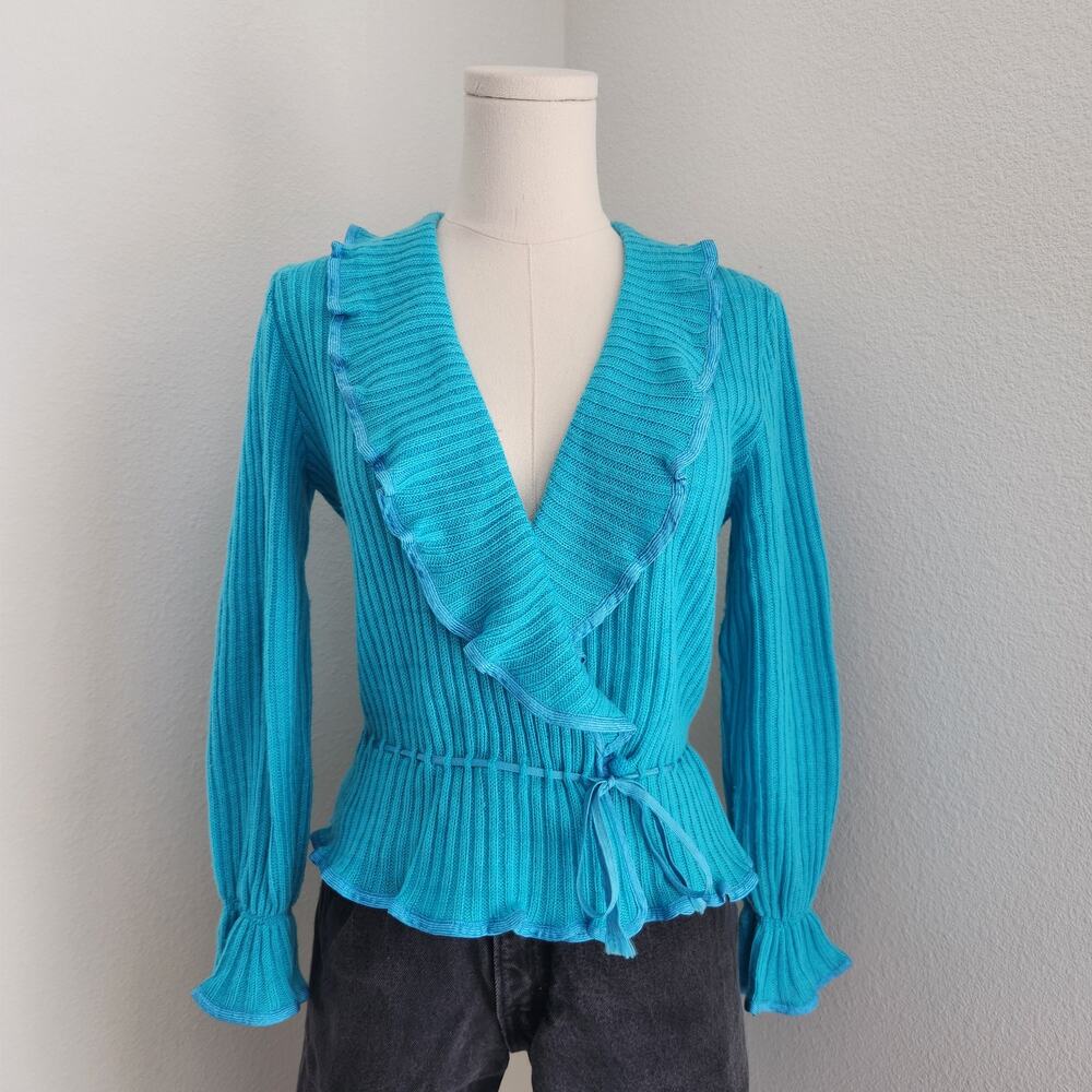 Vintage 70s Blue Teal Knit Ruffle Wrap Cardigan Tie Waist Top S Kentelle